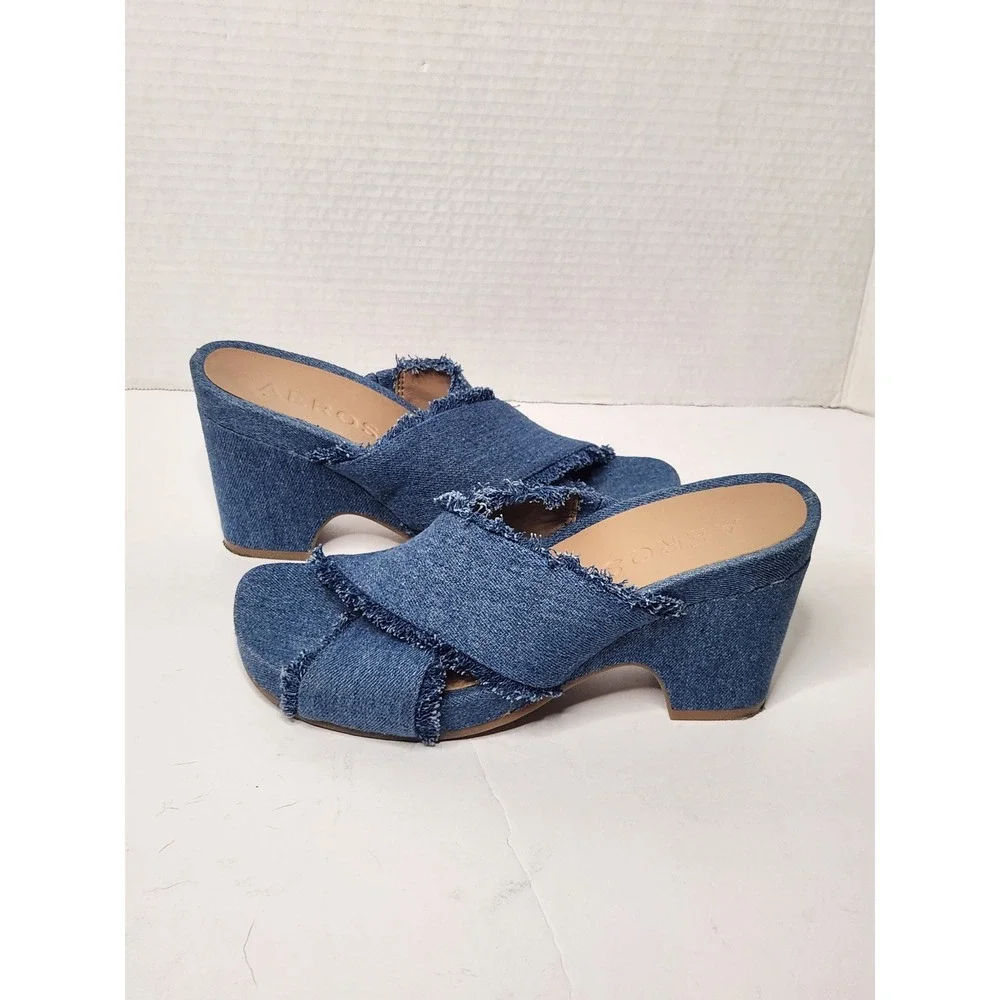 Aerosoles Madina Blue Denim Frayed Criss Cross Block Heel Slide Sandals Size 7M